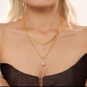 New 18k Gold Plated & Rose Cubic Zirconia Layered Necklace Luxury